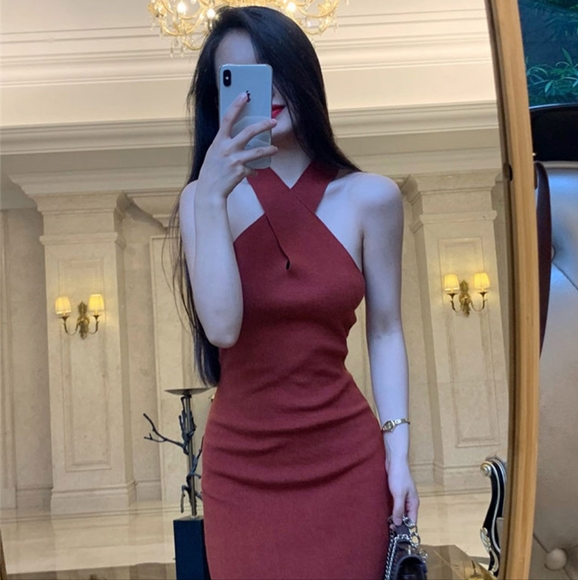 Red sexy non-sleeve summer sweater dress - Picture 4 of 7